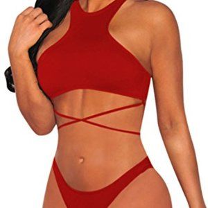 Red Strappy Back High Neck Lace-up Bikini